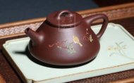 《石瓢泥繪鳥》宜興紫砂壺名師工藝美術(shù)師手工紫泥金絲西施泡茶壺
